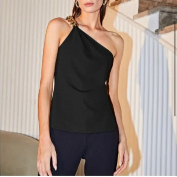 Black One Shoulder Gold Chain Top Sz S New - Picture 3 of 7